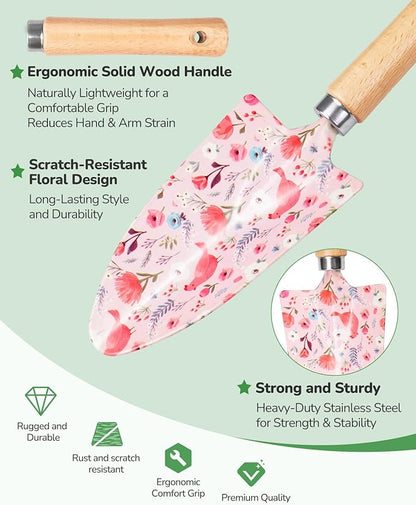 Gardening Tools, 10-Piece Gardening Gift Set for Women, Rust-Proof & Heavy-Duty Tools with Floral Organizer Bag, Fashionable & Thoughtful Gift for Garden Women (Pink)