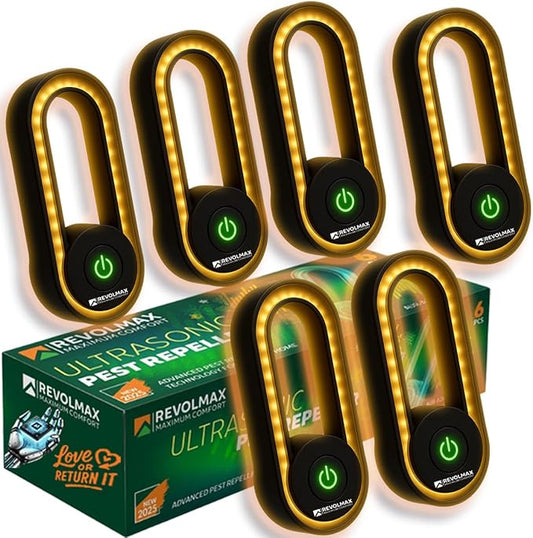 A28, Ultrasonic Pest Control Repeller - Electronic & Ultrasound, Indoor Plug-in Repellent - Get rid of - Rodents, Mice, Squirrels, Bats, Insects, Bed Bugs, Ants, Fleas, Spiders, Roaches (6Pack, Black)