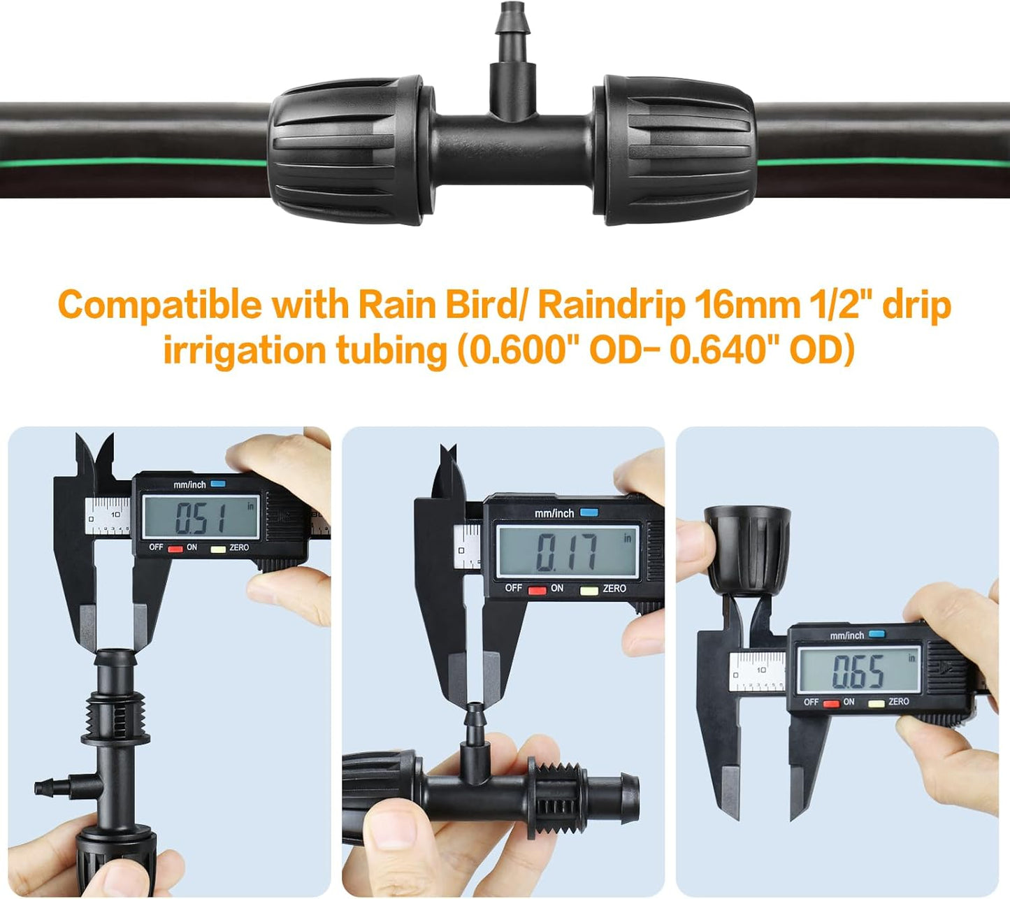 Drip Irrigation Fittings for 1/2 Inch to 1/4 Inch Tubing Reducing Tee：1/2" (1/2" ID x 0.65" OD) to 1/4" Drip Line Anti-drop Locked Nut Barbed Reducer Tee Connectors (12 Pack)