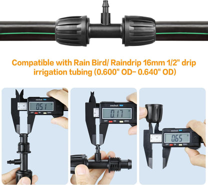 Drip Irrigation Fittings for 1/2 Inch to 1/4 Inch Tubing Reducing Tee：1/2" (1/2" ID x 0.65" OD) to 1/4" Drip Line Anti-drop Locked Nut Barbed Reducer Tee Connectors (12 Pack)