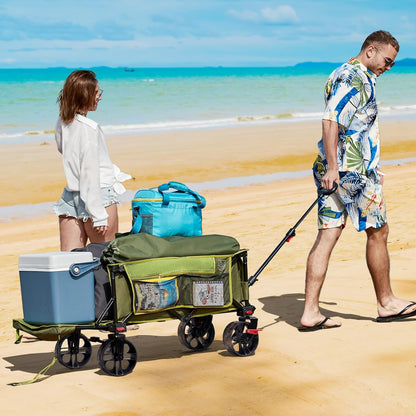 TIMBER RIDGE Beach Wagon with Tailgate, 300lbs Heavy Duty Collapsible Wagon with All-Terrain Big Brakes Wheels, Foldable Utility Cart for Sand Sports Shopping, Green