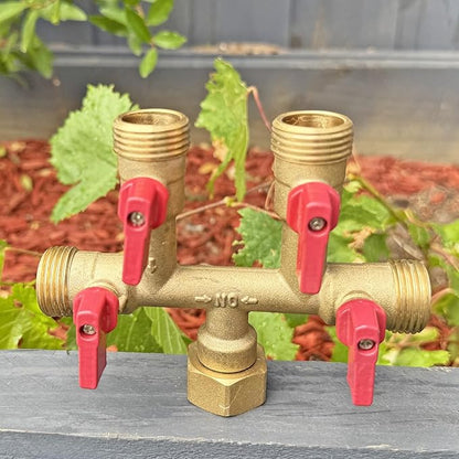 HQMPC Hose Splitter – Heavy-Duty Brass Garden Faucet Connector Garden Hose Splitter 4 Way 3/4" GHT Thread Red Handle