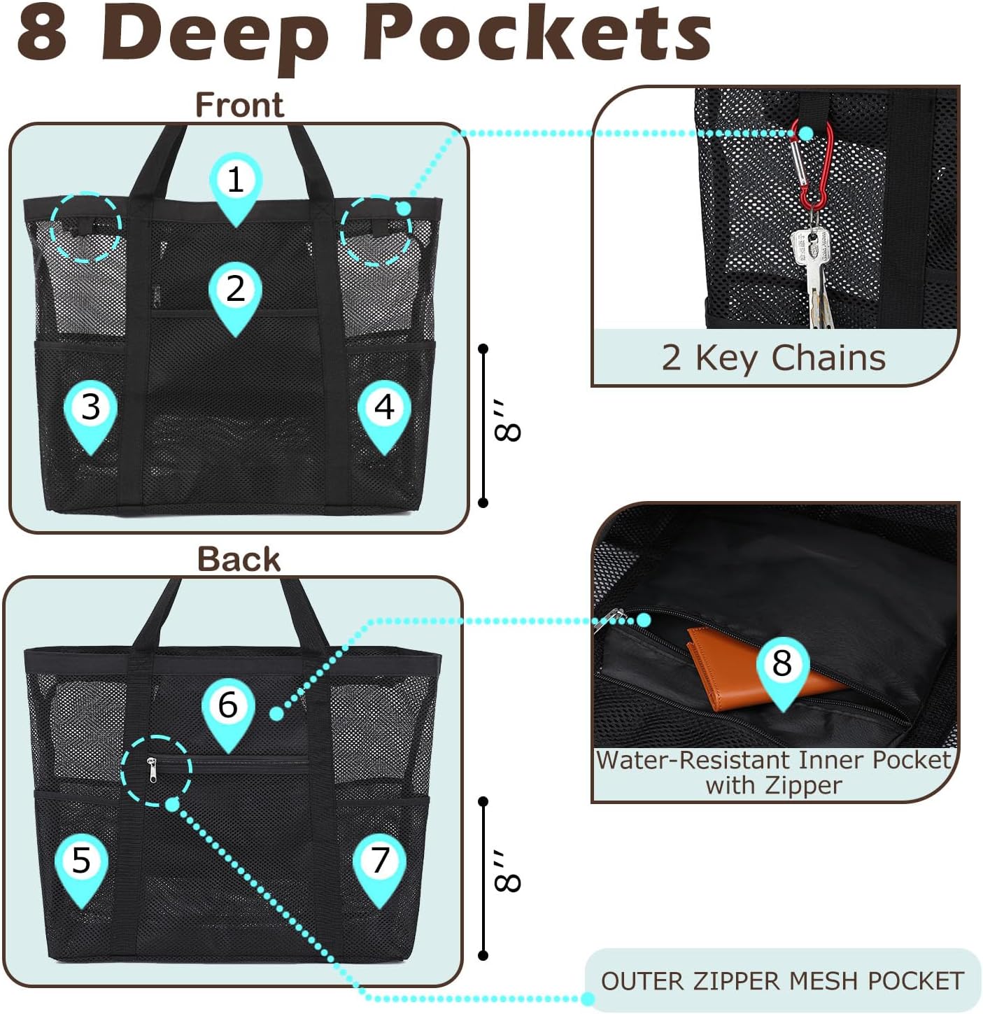 Mesh Beach Bag, Large Beach Tote with Zipper Pocket for Family Pool Bag for Toys & Vacation Essentials