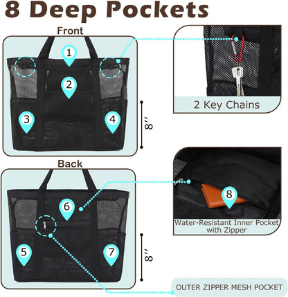 Mesh Beach Bag, Large Beach Tote with Zipper Pocket for Family Pool Bag for Toys & Vacation Essentials