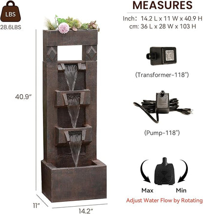 40.9" H 4-Tier Indoor/Outdoor Modern Water Fountain with Led Lights and Pump, Outdoor Freestanding Cascading Waterfall - Suitable for Garden, Patio, Porch, Yard and Outdoor Decor (Brown)