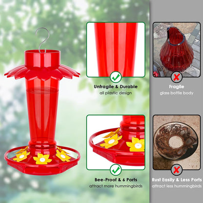 Plastic Hummingbird Feeders for Outdoors Hanging, 10 OZ Red Humming Bird Feeder with 6 Feeding Ports and Perch, Built-in Ant Moat, Gifts for Women Garden Decor, 1 Pack