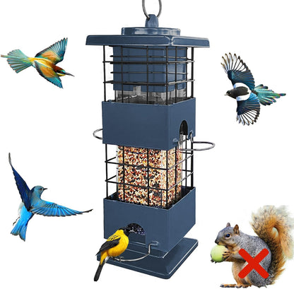 Squirrel Proof Bird Feeder, Metal Bird Feeders for Outdoors, 3 Lbs Birdfeeder Outside Hanging, Weight Activated Spring, 4 Feeding Ports, Cardinals, Finches & Sparrows, Wild Birds, Blue