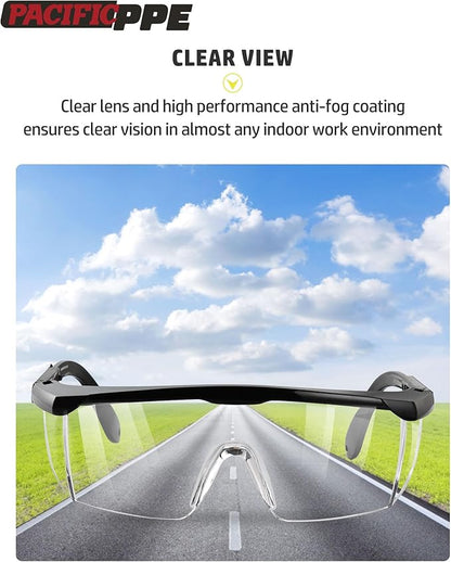 PACIFIC PPE 2 Pack Safety Glasses for Men and Women, ANSI Z87 Anti-fog Eyewear with Scratch Resistant Clear Wraparound Lenses, Adjustable Lab Goggles, UV Protection