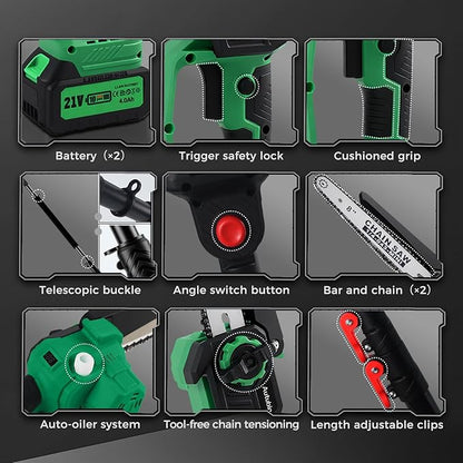 2-in-1 Electric Pole Saw for Tree Trimming, Cordless Pole Saw & 8'' Mini Chainsaw with Extension Pole, 2*21V 4.0 Ah Electric Handheld Chain Saw with Rechargeable Batteries for Wood Ranger,Senior,Women