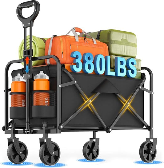 Collapsible Wagon Cart Foldable Beach Wagon with All-Terrain Wheels - 380 LBS Heavy Duty Grocery Cart for Shopping, Beach, Camping, Sports, Garden (Black)