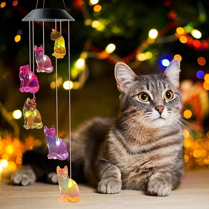 Cat Wind Chimes, Solar Cat Lights for Outside, Gifts for Cats Lovers, Birthday Gifts for Women, Mom, Ded, Grandma, Garden Lawn Yard Outdoor Decor Mobiles Wind Chime, Cats Themed Gift