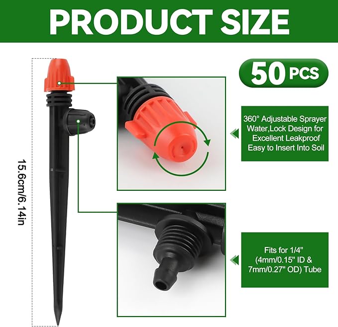 50PCS 1/4" Drip Irrigation Emitters, Kalolary Anti-Drop Locked Drip Irrigation Sprayer Parts for 4/7mm Tubing, Adjustable Micro Spray Misting Drippers with Lock for Garden Watering System (Orange)