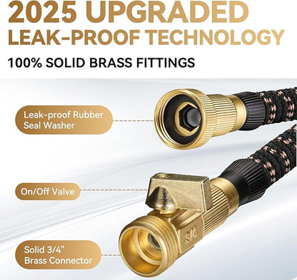 75 ft Expandable Garden Hose - Kink Free Flexible Water Hose with Thumb-Controlled 10-Function Nozzle, 3/4 Solid Brass Connectors, Retractable Latex Core - Lightweight Expanding Hose