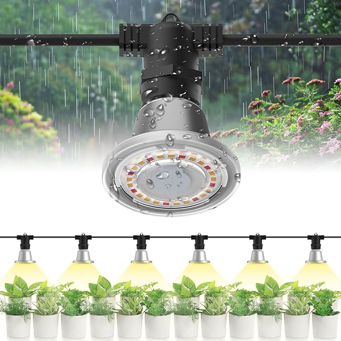 SANSI Outdoor LED Grow Lights,IP65 Waterproof String Grow Light,Full Spectrum 6-Light 72W Upgraded Optical Lens with 22Ft Cord for Veg Seedling,Flower,Greenhouse Indoor or Outdoor