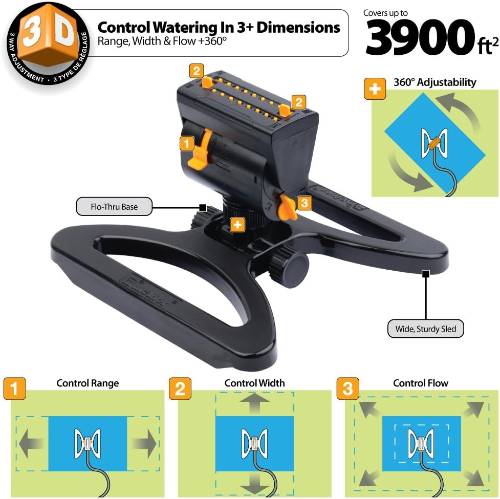 Melnor 65003-AMZ Mini Oscillating Sprinkler with Product Adapter Watering Set, On Base, Black, Yellow