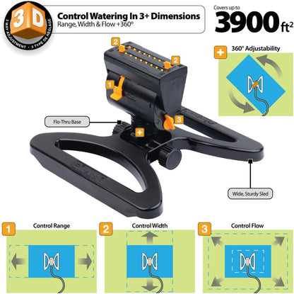 Melnor 65003-AMZ Mini Oscillating Sprinkler with Product Adapter Watering Set, On Base, Black, Yellow