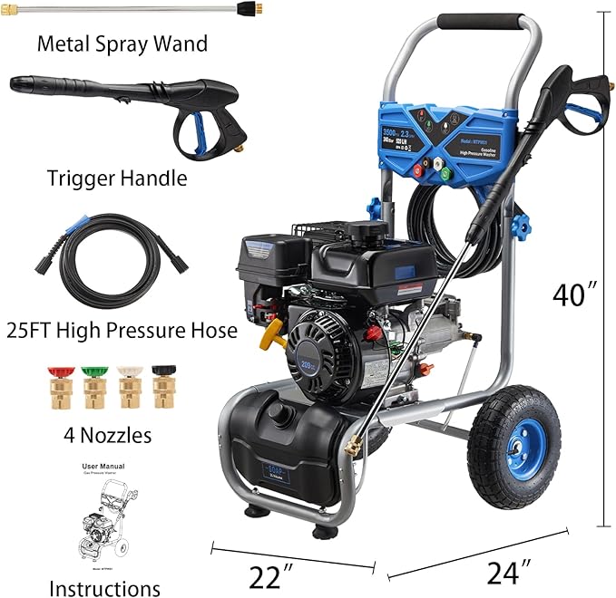 Gas Pressure Washer 3500PSI, 209CC 2.3GPM Gas Power Washers with 25FT Hose, 4 Quick-Connect Nozzles, Soap Tank, Axial Pump, Commercial High Pressure Washers Gas Powered for Car Driveway Wall