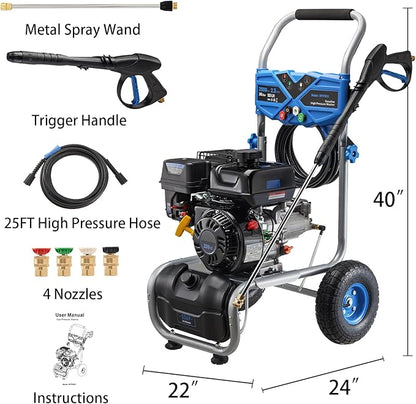 Gas Pressure Washer 3500PSI, 209CC 2.3GPM Gas Power Washers with 25FT Hose, 4 Quick-Connect Nozzles, Soap Tank, Axial Pump, Commercial High Pressure Washers Gas Powered for Car Driveway Wall