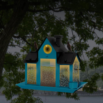 Solar Bird Feeders House for Outdoors Hanging, 7LBS Large Capacity Metal Wild Bird Feeder Squirrel Proof for Outside with Water Cup, Cardinal Birdfeeder Birdhouses Gift for Bird Lovers (Blue)