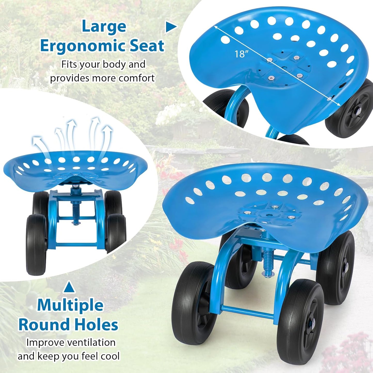 Goplus Garden Cart with Wheels, Utility Stool Cart w/Adjustable 360 Degree Swivel Seat, Outdoor Lawn Yard Rolling Work Seat, Garden Scooter for Planting (Blue)