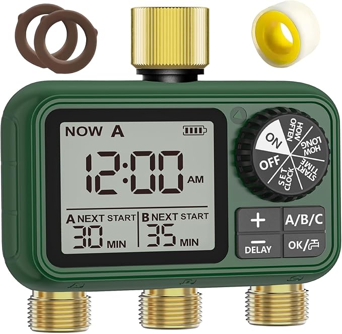 3 Outlet Sprinkler Timer Brass, XinFuture Programmable Water Sprinkler Controller for Yard, Lawn & Greenhouse, Automatic/Manual/Rain Delay Mode, Compatible with Drip Irrigation Systems