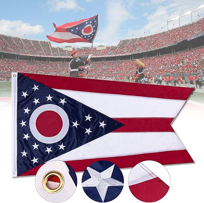 Ohio State 3x5 ft OH Flag - Heavy Duty 210D Nylon with Embroidered Stars - Outdoor/Indoor All Weather Burgee Flag with Strong Canvas Header/Brass Grommets/Sewn Stripes