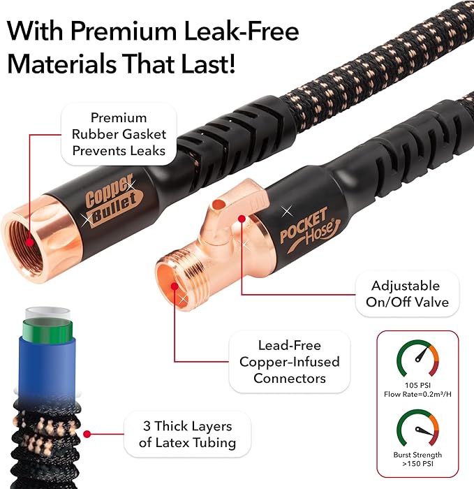 Pocket Hose Copper Bullet Expandable Garden Hose 25 FT w/10 Pattern Thumb Spray Nozzle AS SEEN ON TV 650psi 3/4 in Patented Lead-Free Ultra-Lightweight Solid Copper Anodized Aluminum Fittings No-Kink