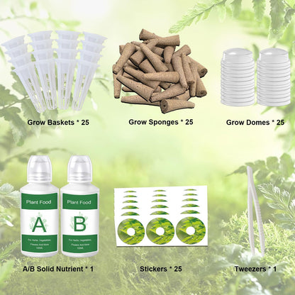 Seed Pod Kit for AeroGarden Growing System，Hydroponics Supplies with 25 Grow Sponges, 25 Grow Baskets, 25 Grow Domes, A&B Solid Nutrient Plant Food, 25 Labels and 1 Tweezer
