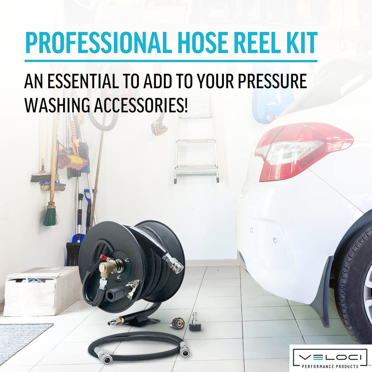 MTM Hydro Pressure Washer Hose Reel Kit, Metal Heavy-Duty Hand Crank Wall Mounted, Commercial Grade with Kobrajet Black Hose High Pressure 3/8” 4000 PSI 100’ Commercial Grade