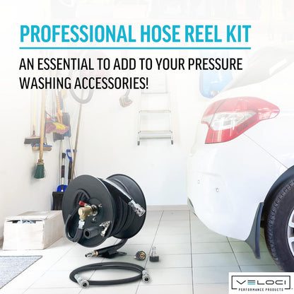 MTM Hydro Pressure Washer Hose Reel Kit, Metal Heavy-Duty Hand Crank Wall Mounted, Commercial Grade with Kobrajet Black Hose High Pressure 3/8” 4000 PSI 100’ Commercial Grade