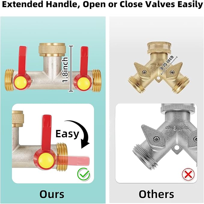 2 Way Hose Splitter, Brass High Flow Garden Hose Splitter Heavy Duty, Hose Connector, Water Spigot Splitter, Full Flow Faucet Splitter with shutoff, 3/4” GHT Inlet