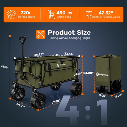 220L Collapsible Wagon Cart Foldable, 460lbs Load Capacity Heavy Duty Folding Beach Wagons with Big All-Terrain Wheels, Utility Carts for Groceries, Shopping, Camping, Sports - Green