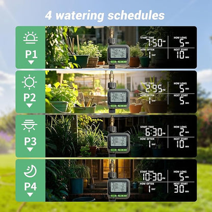 Sprinkler Timer, Programmable Water Timer for Garden Hose, Outdoor Hose Faucet Timed with 4 Plans/Rain Delay/Automatic Watering System, Digital Irrigation for Yard, Lawn, 1 Outlet with 2-Way Splitter