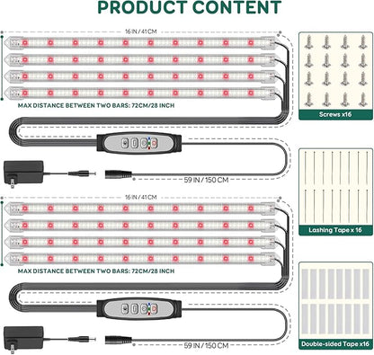 4-Bar Grow Light Strips for Indoor Plants, 16" Full Spectrum Plant Lights, 6500K Sunlike Grow Lights with 6/12/18H Timer, 5-Level Dimmable for Indoor Growing(2 Pack)