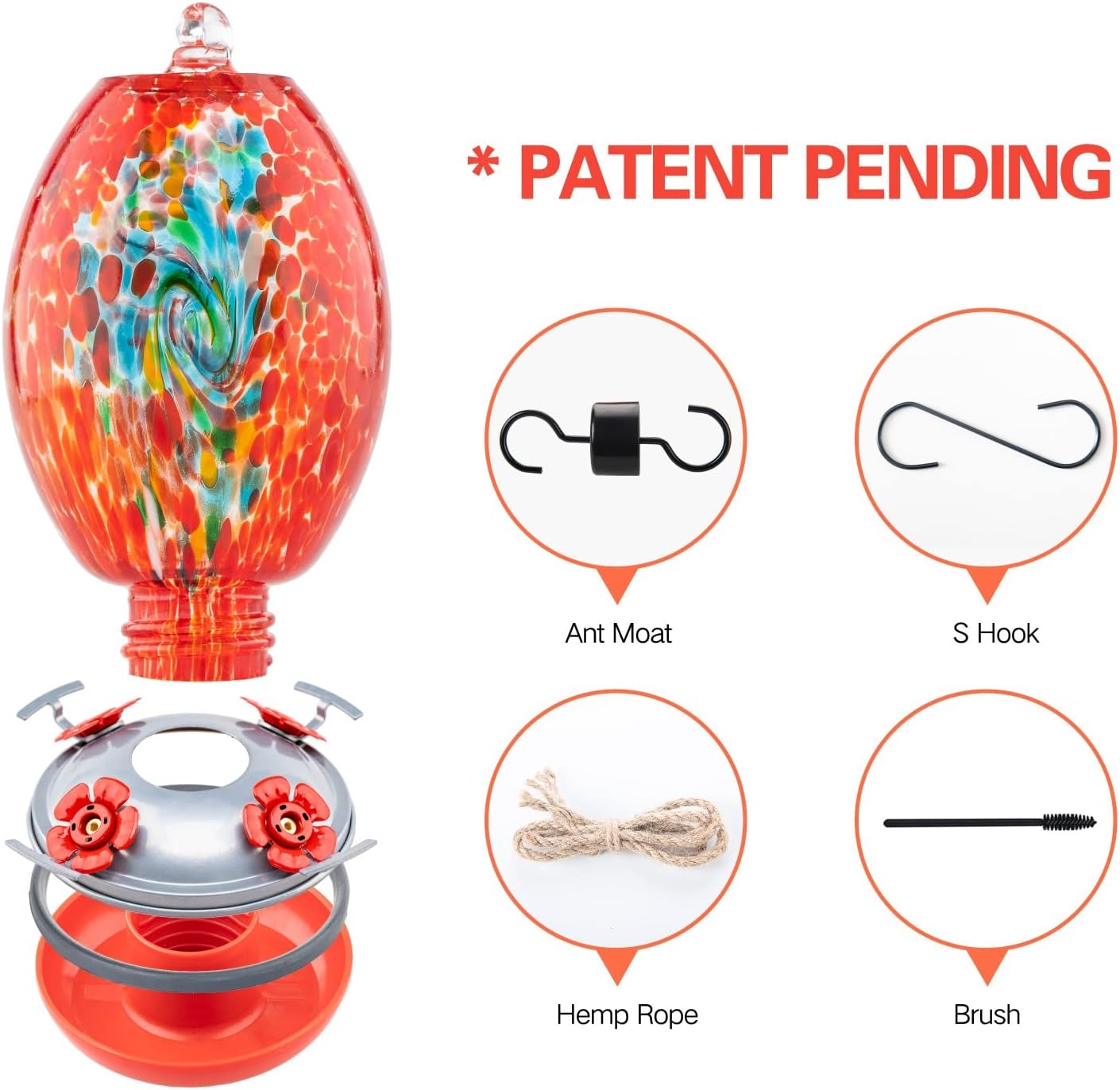 Muse Garden Glass Humming Bird Feeders for Outdoors - 27OZ Blown Glass Hummingbird Feeder - Unique Gift for Mom Women Grandparents, Outdoors Hanging Garden Decor, Includes Ant Moat & Brush, Red Swirl
