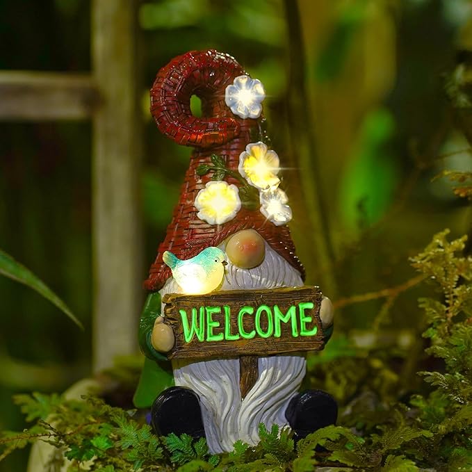 Solar Gnome with Wlecome Decor for Yard Decorations - 10 Inch Gnome Statue Decor for Outdoor,Perfect Garden Gifts for Women,Mom
