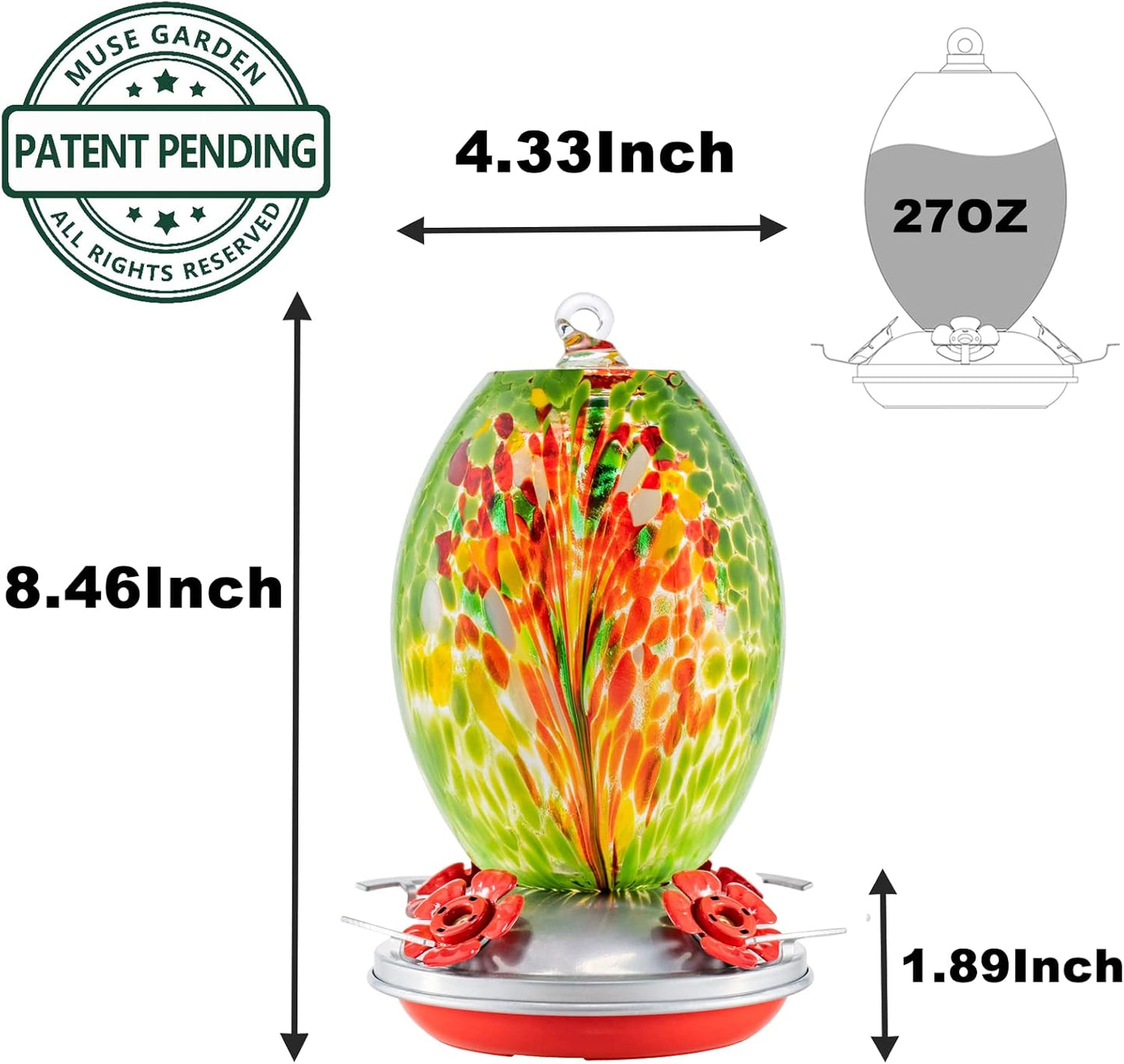 Muse Garden Glass Humming Bird Feeders for Outdoors - 27OZ Blown Glass Hummingbird Feeder - Unique Gift for Mom Women Grandparents, Outdoors Hanging Garden Decor, Ant Moat & Brush, Green Floral