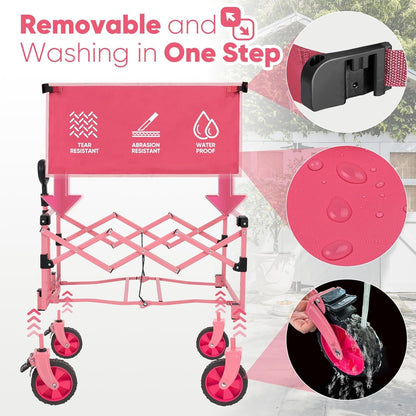 Wagon with Brakes, Foldable Cart with 220LBS Capacity, Utility Lightweight Wagon, Collapsible Grocery Shopping Cart for Camping Sports & Holiday.Pink