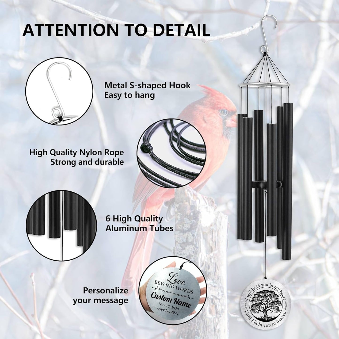 Personalized 36" Bereavement Wind Chimes for Outside, Memorial Gift in Remembrance of a Loved One, Sympathy Gift for Loss of Mother Father Husband, Garden Patio Decor