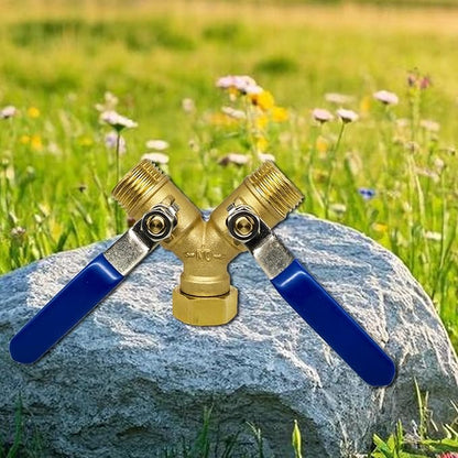 Brass Garden Hose Splitter 2 Way Heavy Duty，with 304 Stainless Steel Long Handle，Brass Y Valve Water Garden Hose Adapter 2 Way Y Valve 3/4" GHT Thread