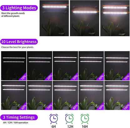 LED Grow Light Strips for Indoor Plants, 16‘’ Full Spectrum 240 LEDs with 4 Install Methods, 6/12/16H Timer, 10 Dimmable Levels, 3 Switch Modes for Seedling Succulent Sunlike Strip (2 Head 2 Pack)