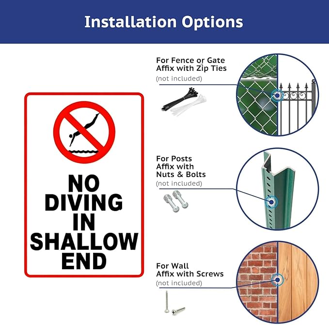 No Diving in Shallow End Pool Safety First! No Diving Signs for Pools - 12x8in Rustic Tinplate Outdoor Warning Decor