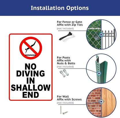 No Diving in Shallow End Pool Safety First! No Diving Signs for Pools - 12x8in Rustic Tinplate Outdoor Warning Decor