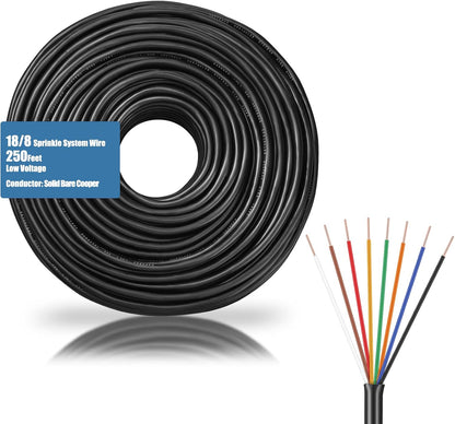 Hoolerry Solid Sprinkler System Wire 18 Gauge Irrigation Wire with UV Resistant PVC Jacket Sprinkler Cable for Underground Irrigation Field Central Control System 30v Ul Listed(18/8, 250 Ft)