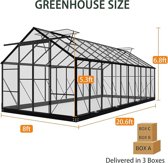 Greenhouses for Outdoors, 8x20 FT Polycarbonate Greenhouses with 4 Adjustable Roof Vents, Walk-in Aluminum Frame Green Houses for Outside with Sliding Doors, Windproof, Graden(8x20FT)