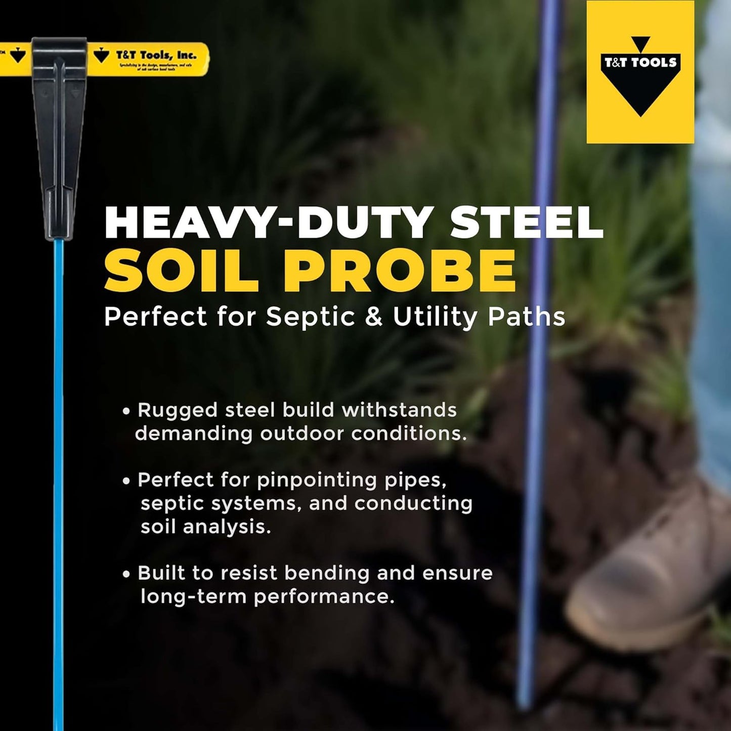 T&T Tools 42-Inch Mighty Probe Insulated Metal Soil Probe – 3/8" Metal Round Rod, Heavy Duty Design for Easy Penetration & Withdrawal, Soil Testing & Landscaping Tools, T-Handle, USA-Made-1 Pack