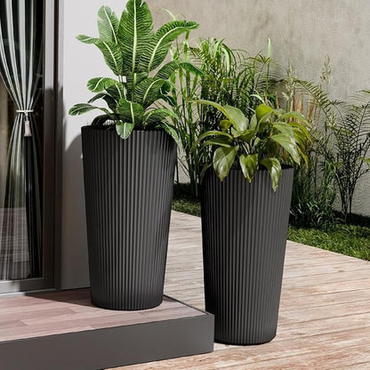 23.6" Tall Planters for Outdoor Plants,Large Outdoor Planters for Front Porch Decor with Drainage Hole, Flower Pots Fits Indoor Plants Patio/Garden, Plastic Striped Black (2 Pack)