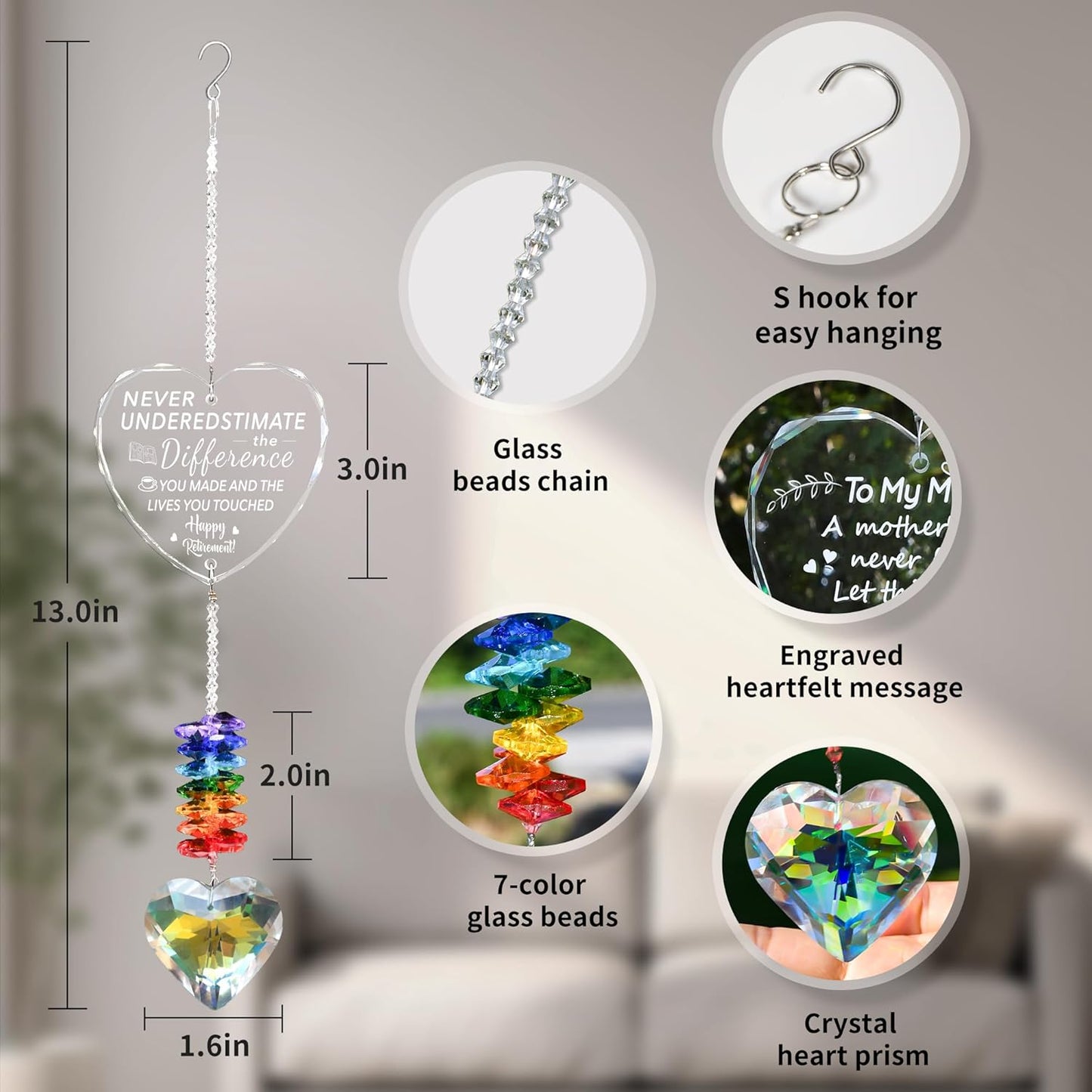 Happy Retirement Crystal Suncatcher Gifts for Women, Men - Window Hanging Crystal Heart Prism Sun Catcher Rainbow Maker Pendant