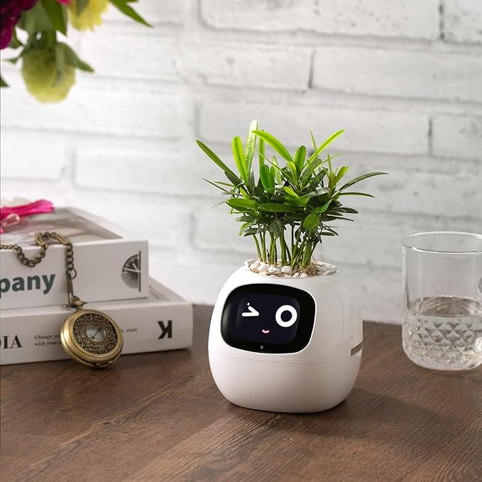 Smart pet Planter Robot Guidance on Plant Care with Emojis, Adorable Plant Companion with Rich Gesture Interaction, Neat Desk Setup Gift (White)
