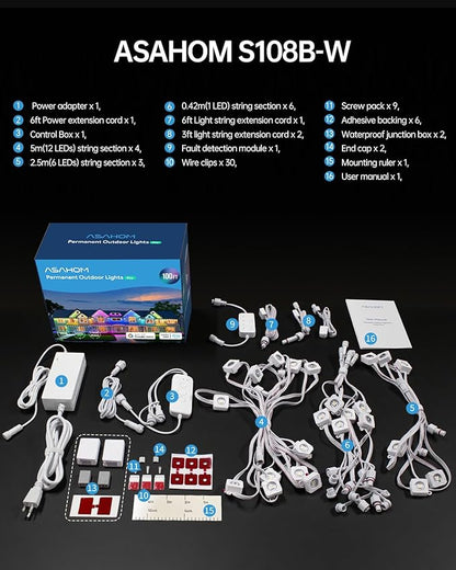 ASAHOM Permanent Outdoor Light Pro S108B, 100FT with 72 RGBCW 70lm LED, WLED Integration, AI Lighting, 30000 Lighting Effect Combination, IP67 Waterproof for Halloween Christmas and Daily Decor, White